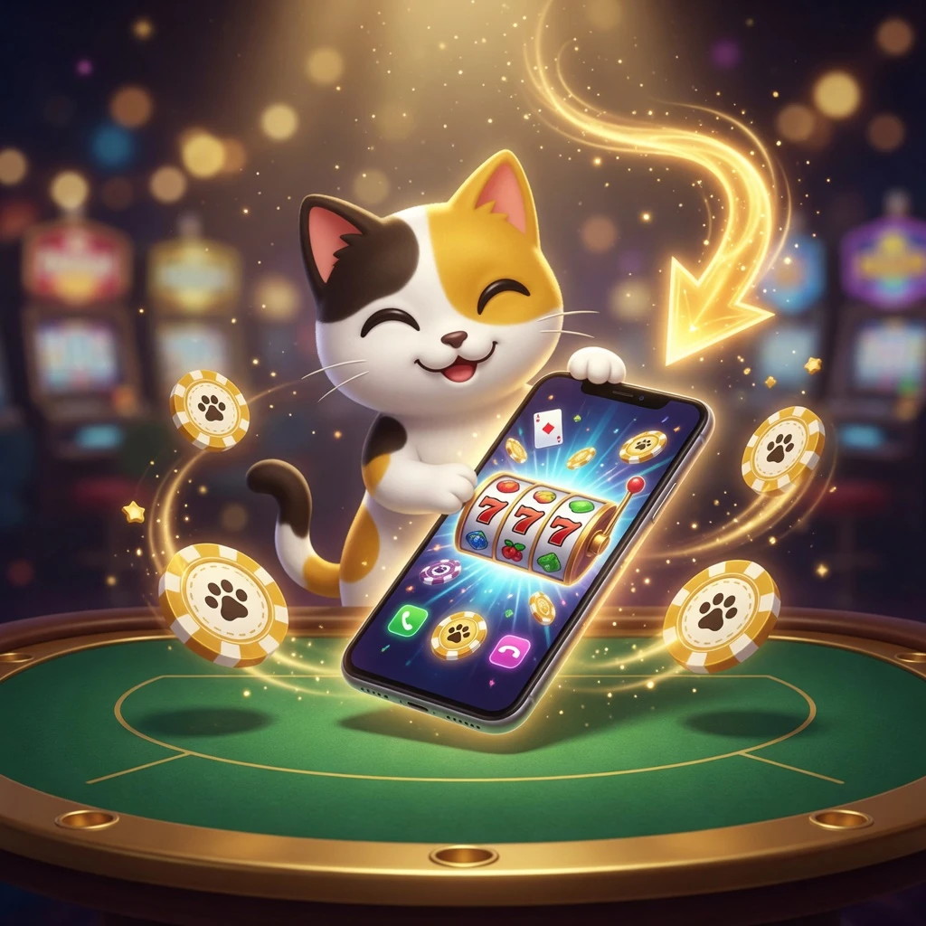 LuckyCalico hero banner featuring eagle brand emblem with dynamic casino environment, slot reels, card table, and golden light effects on a deep blue background